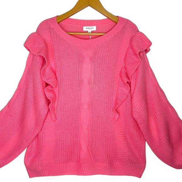 Gilli NWT Women's Ruffle Cable Knit Pullover Sweater Size L Pink Slouchy Ribbed - Picture 10 of 10